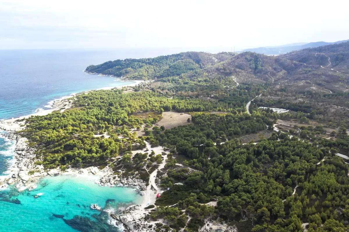 Vista aérea de una costa con bosque, calas de agua turquesa y montañas