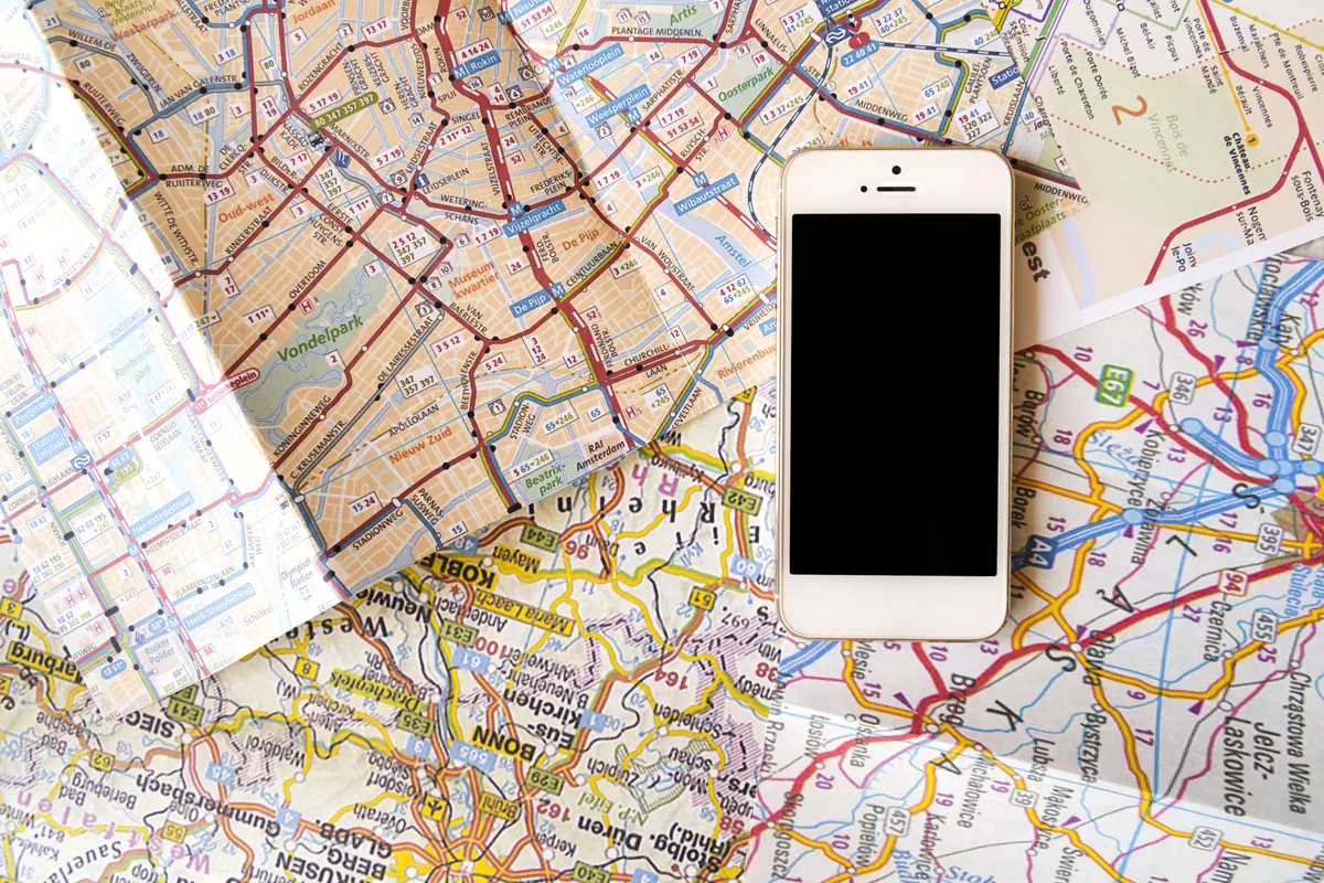 smartphone app map navigation Mexico City street aerial view