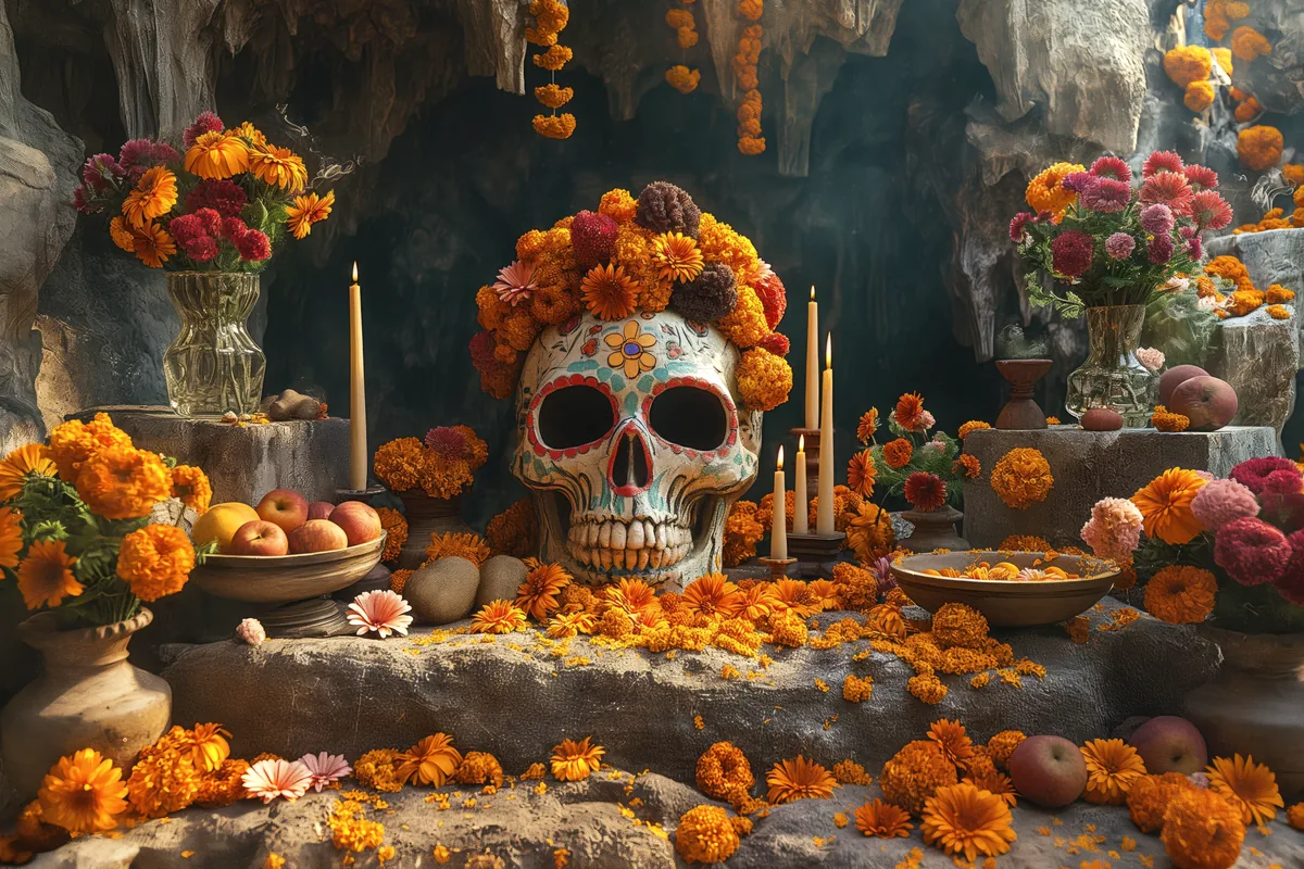 Day of the Dead altar marigold flowers candles Oaxaca Mexico