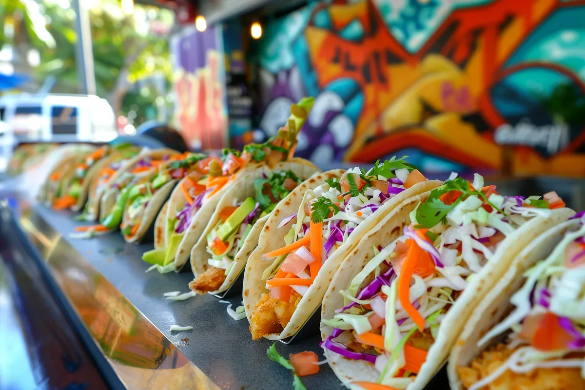 Hilera de tacos con col morada y zanahoria en el mostrador de un puesto