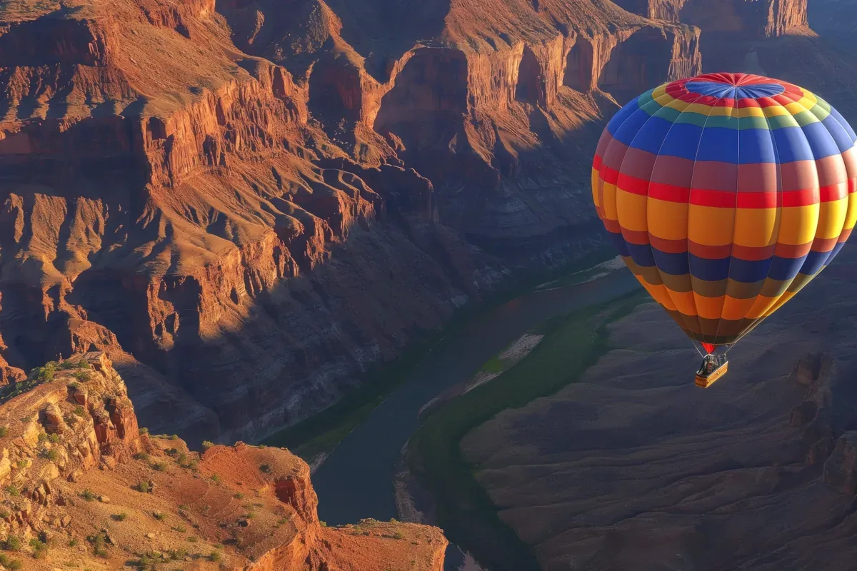 Globo aerostático de franjas de colores que sobrevuela un cañón con un río al fondo