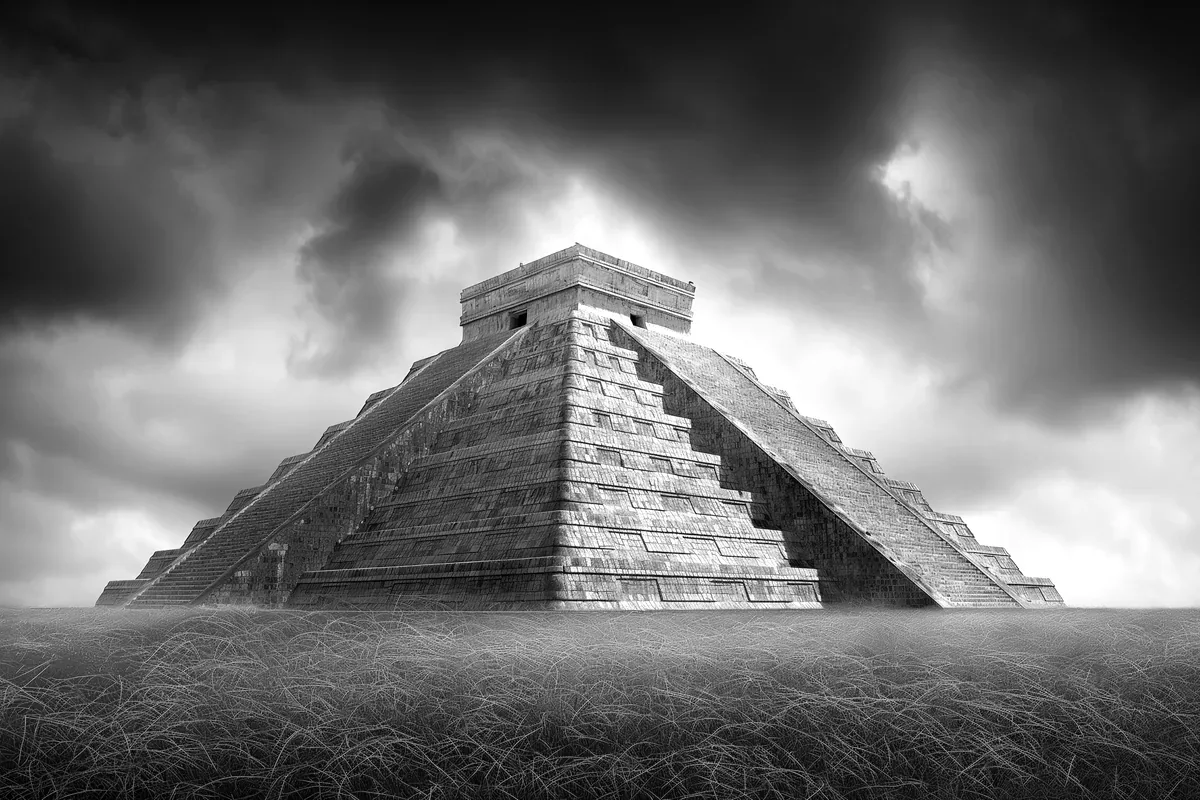 El Castillo de Chichén Itzá en blanco y negro bajo un cielo de tormenta