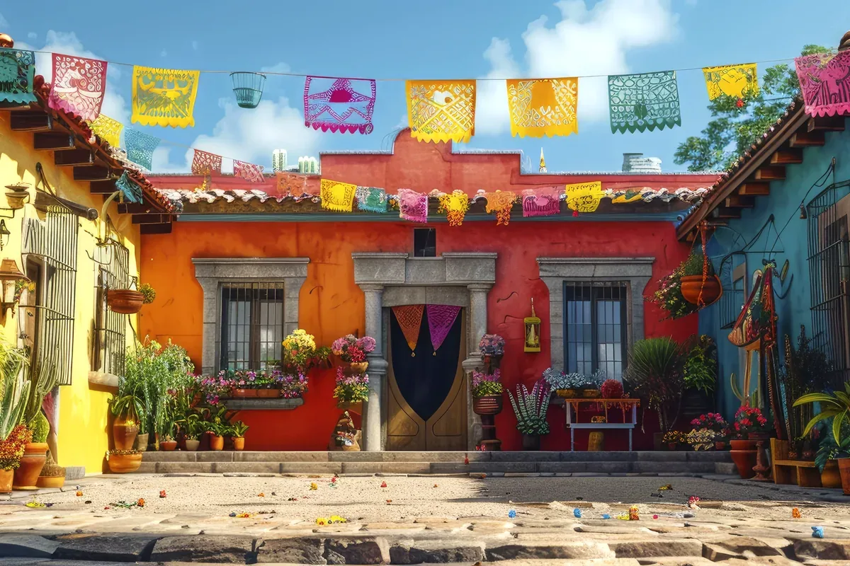 Patio con fachadas de colores, macetas y papel picado