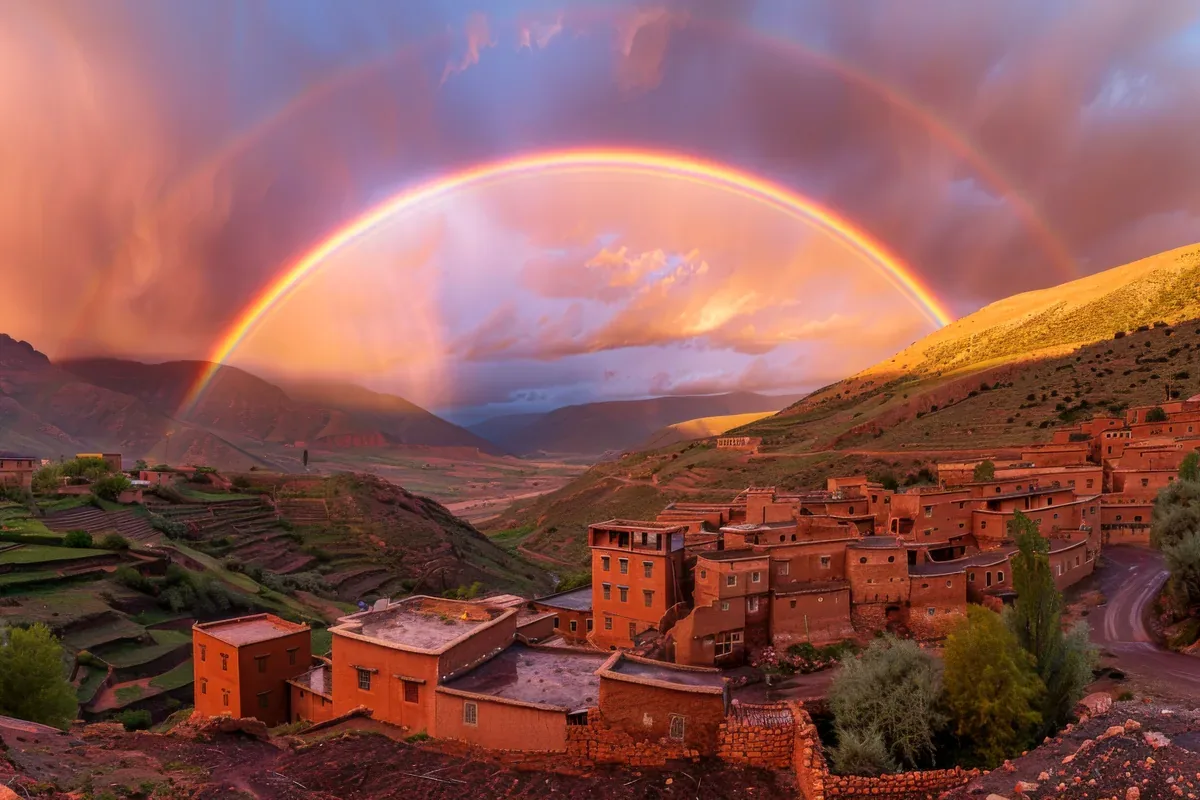 Arcoíris sobre un valle con un pueblo de casas de adobe al atardecer