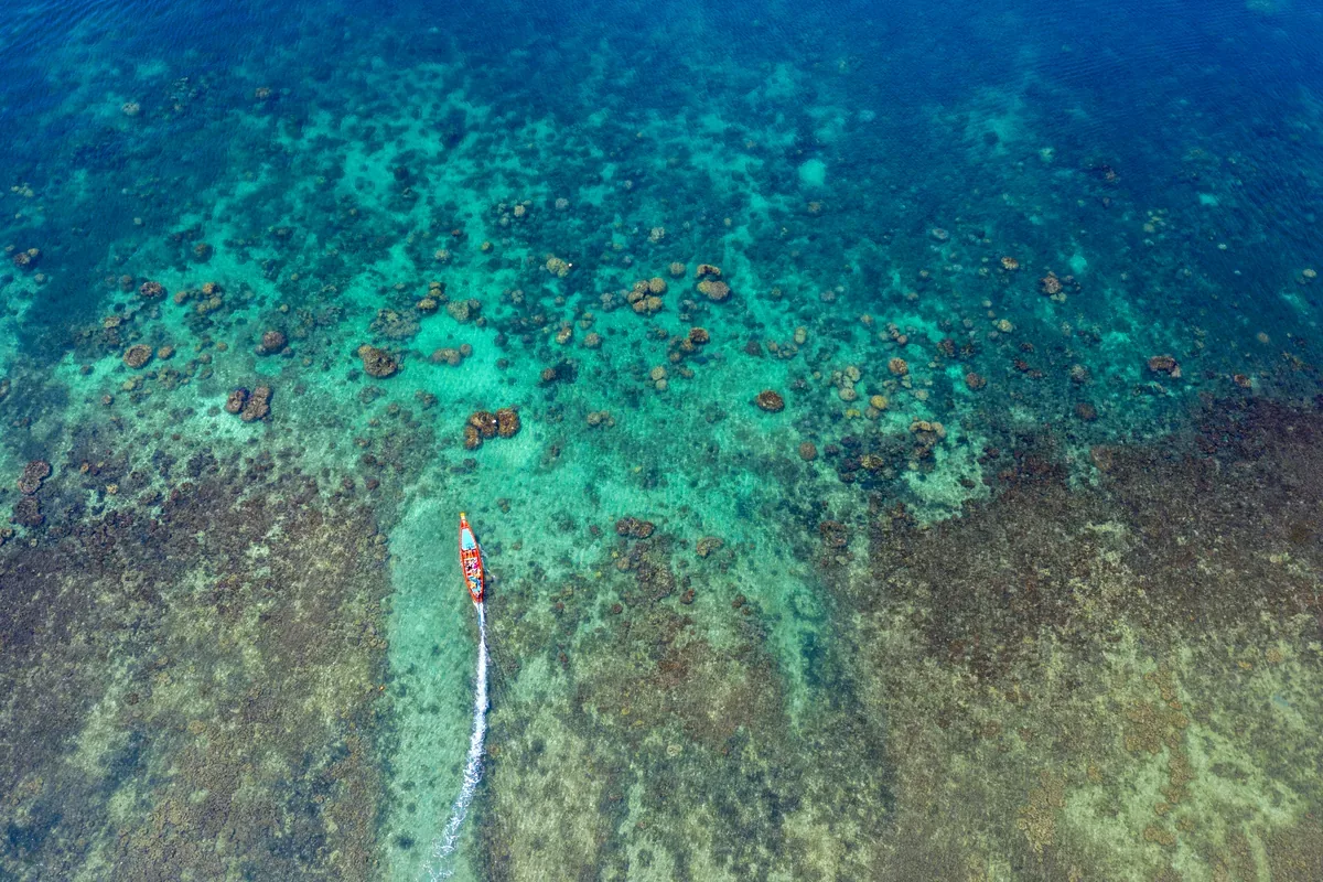 Vista aérea de una lancha que avanza sobre un arrecife en aguas turquesas