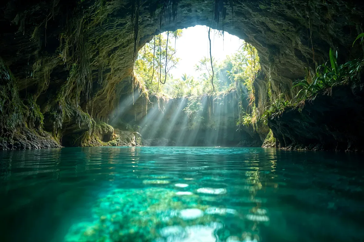 Cenote semiabierto con rayos de sol que entran por la bóveda