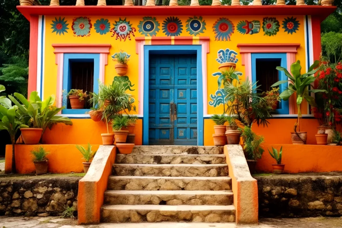 Fachada amarilla y naranja con puerta azul, macetas y escalones de piedra