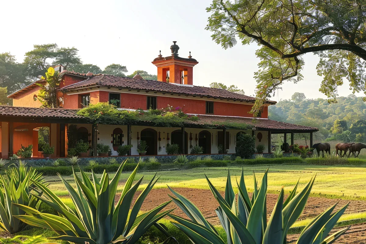Hacienda de fachada rojiza con agaves en primer plano y caballos al fondo