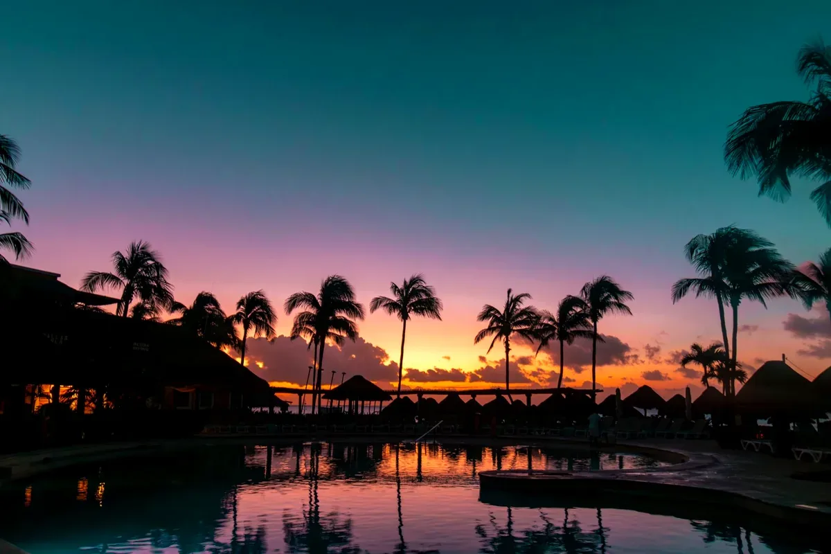 Atardecer con siluetas de palmeras reflejadas en una alberca