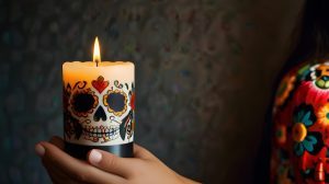 Mano que sostiene una vela con una calavera pintada