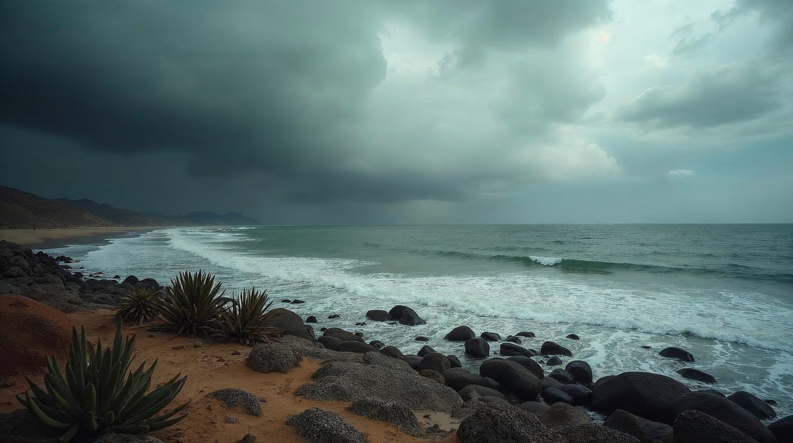 Olas que rompen en una costa rocosa con agaves bajo un cielo de tormenta