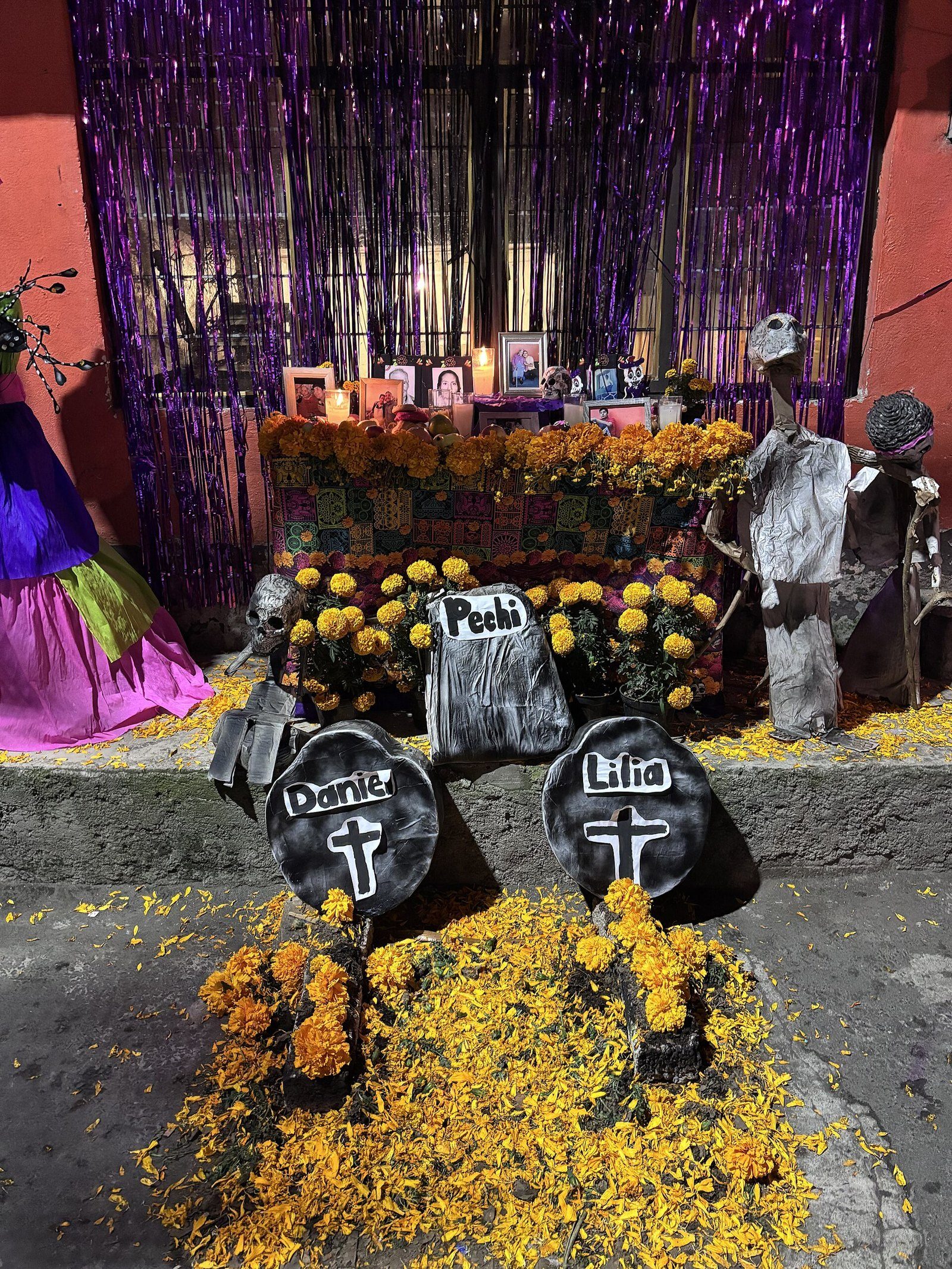 Ofrenda de Día de Muertos en una calle de San Gregorio Xochimilco, con cempasúchil, cortinas moradas, esqueletos y lápidas de cartón